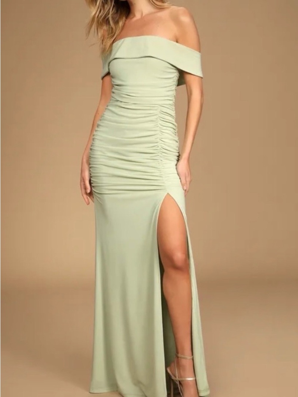 Lulus Sage Green Ruched Maxi Dress